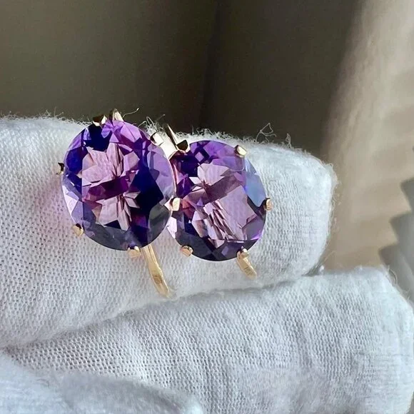 14K Yellow Gold Purple Amethyst Earrings, February Birthstone Earrings